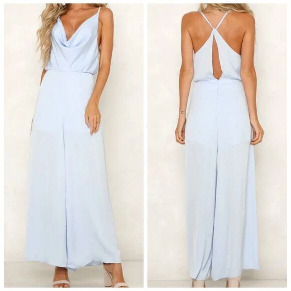 Selfie Leslie Pants - NWT Selfie Leslie Satin Like lLight Blue Jumpsuit